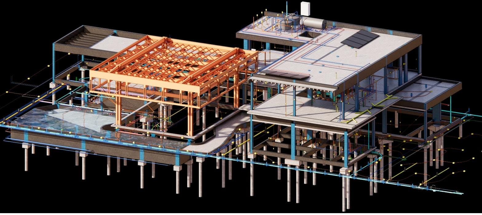 Modelo BIM multidisciplinar com estrutura, elétrica e hidráulica integradas