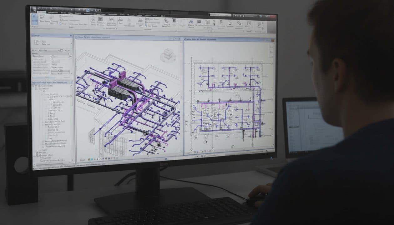 Engenheiro analisando uma planta elétrica em 3D no software de projeto